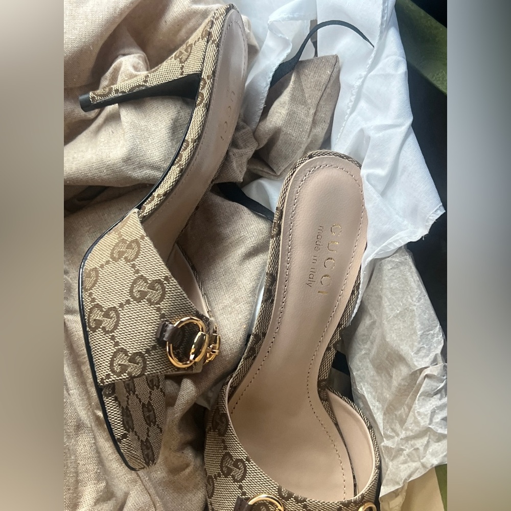 Gucci Beige GG Canvas Open-Toe Heels with Gold Accent 38